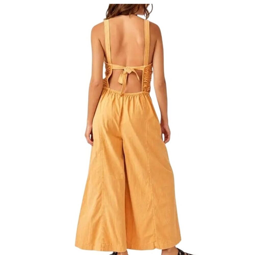 Free People Forever Always Melo Pearl Smocked Tie Back Wide Leg Boho Jumpsuit L - Picture 3 of 13